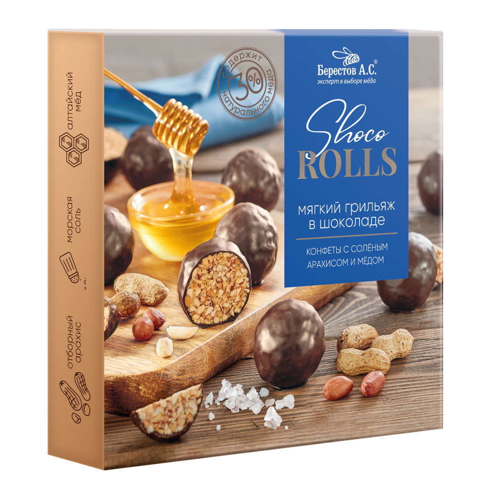  Берестов Shoco Rolls конфеты с арахисом, солью и медом, 135г   в Курганинске